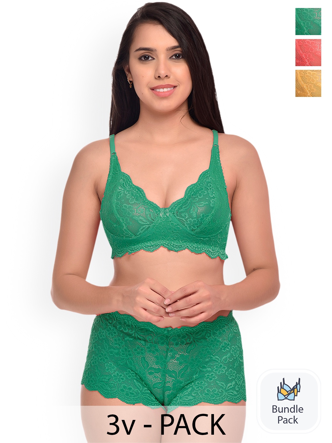 

AROUSY Pack Of 3 Self-Design Net Lingerie Sets, Red