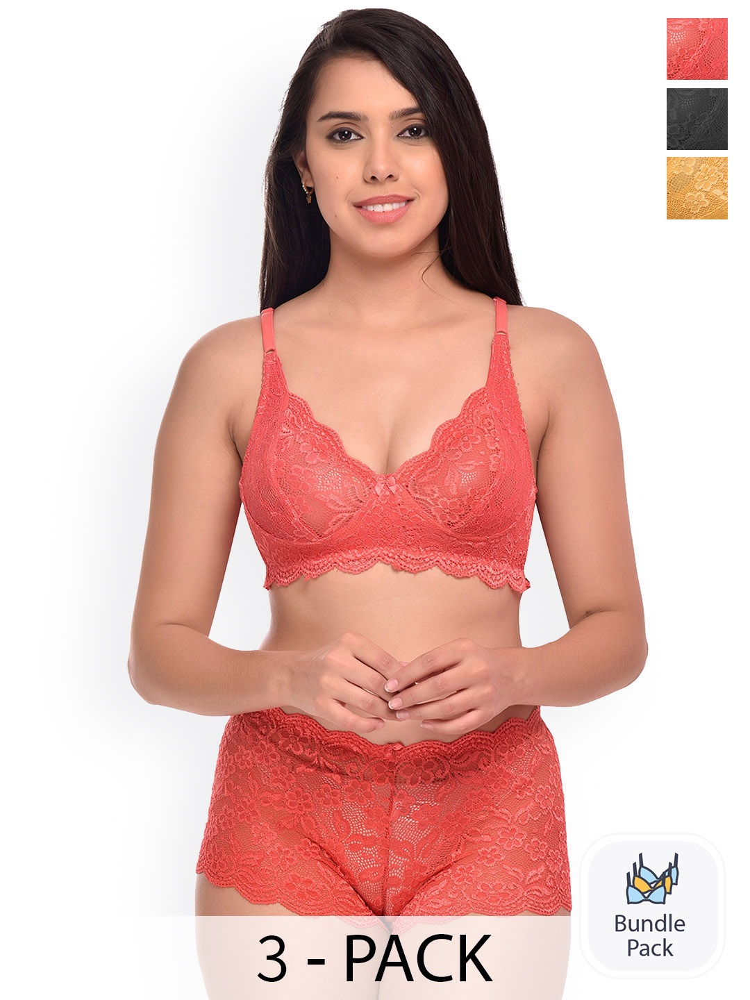 

AROUSY Pack Of 3 Self Design Net Lingerie Set, Red