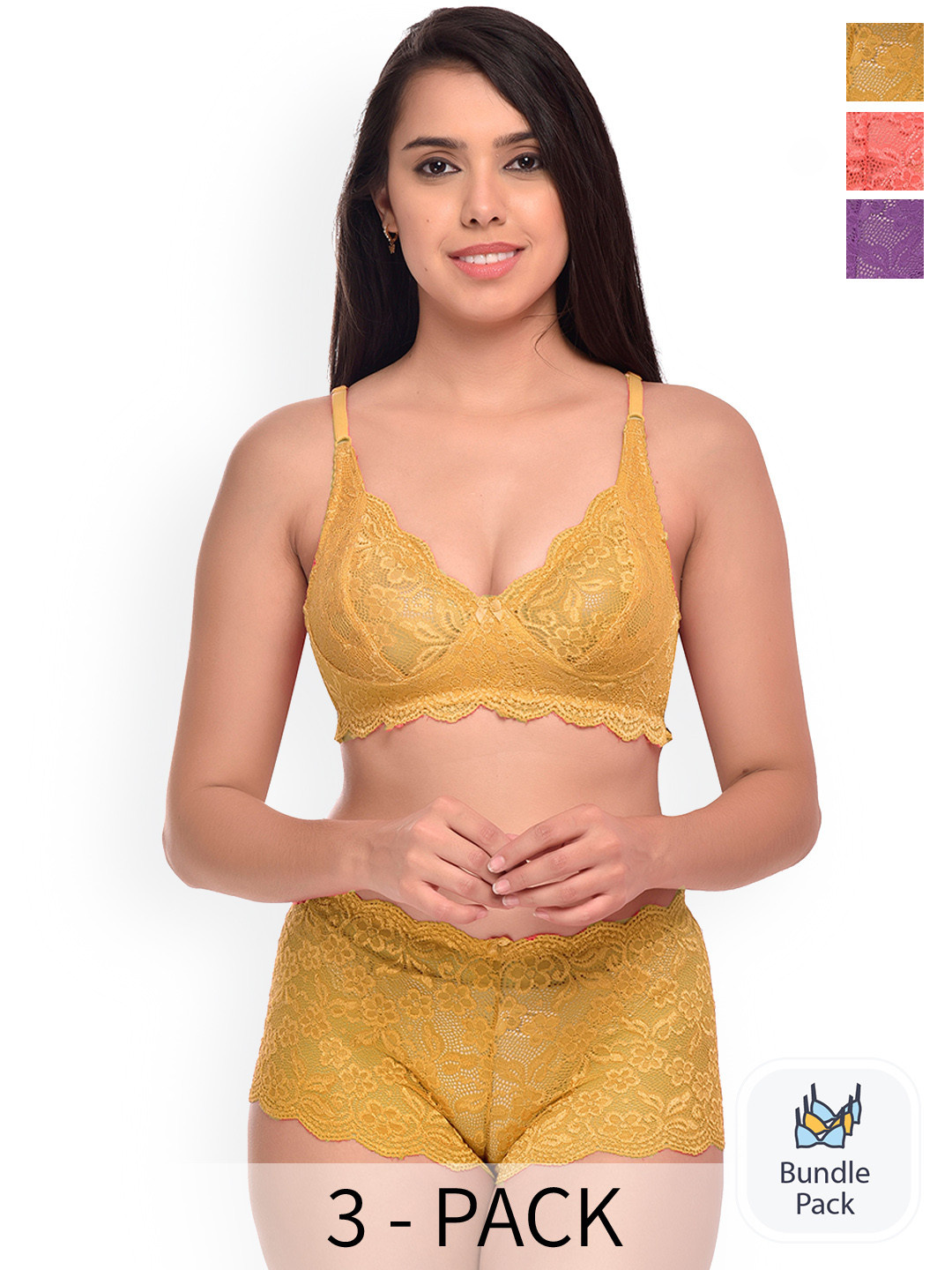 

AROUSY Pack Of 3 Self Design Net Lingerie Sets, Red