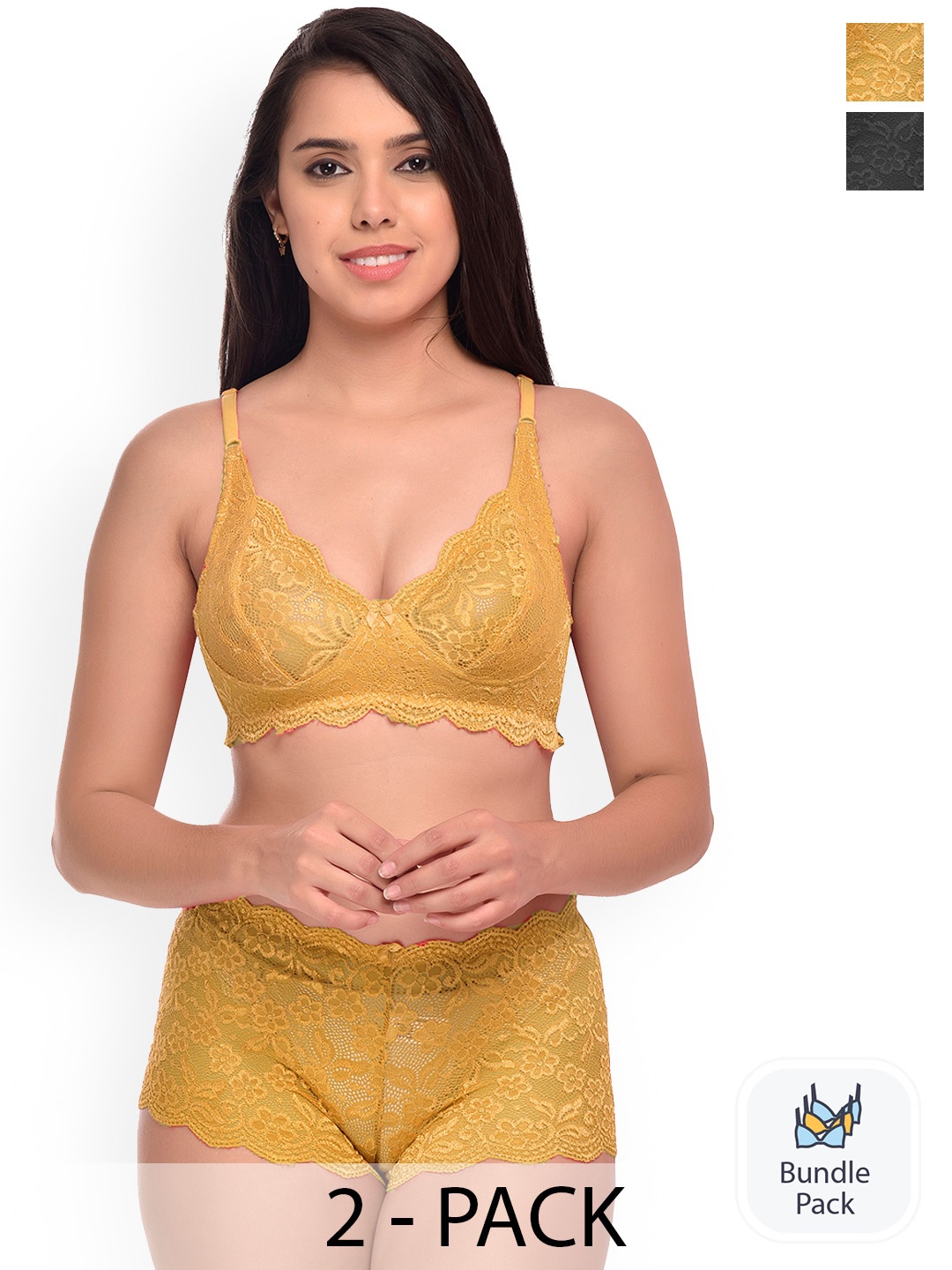 

AROUSY Pack Of 2 Self-Design Lingerie Sets Y_Rain-Set_Yellow,Black_30
