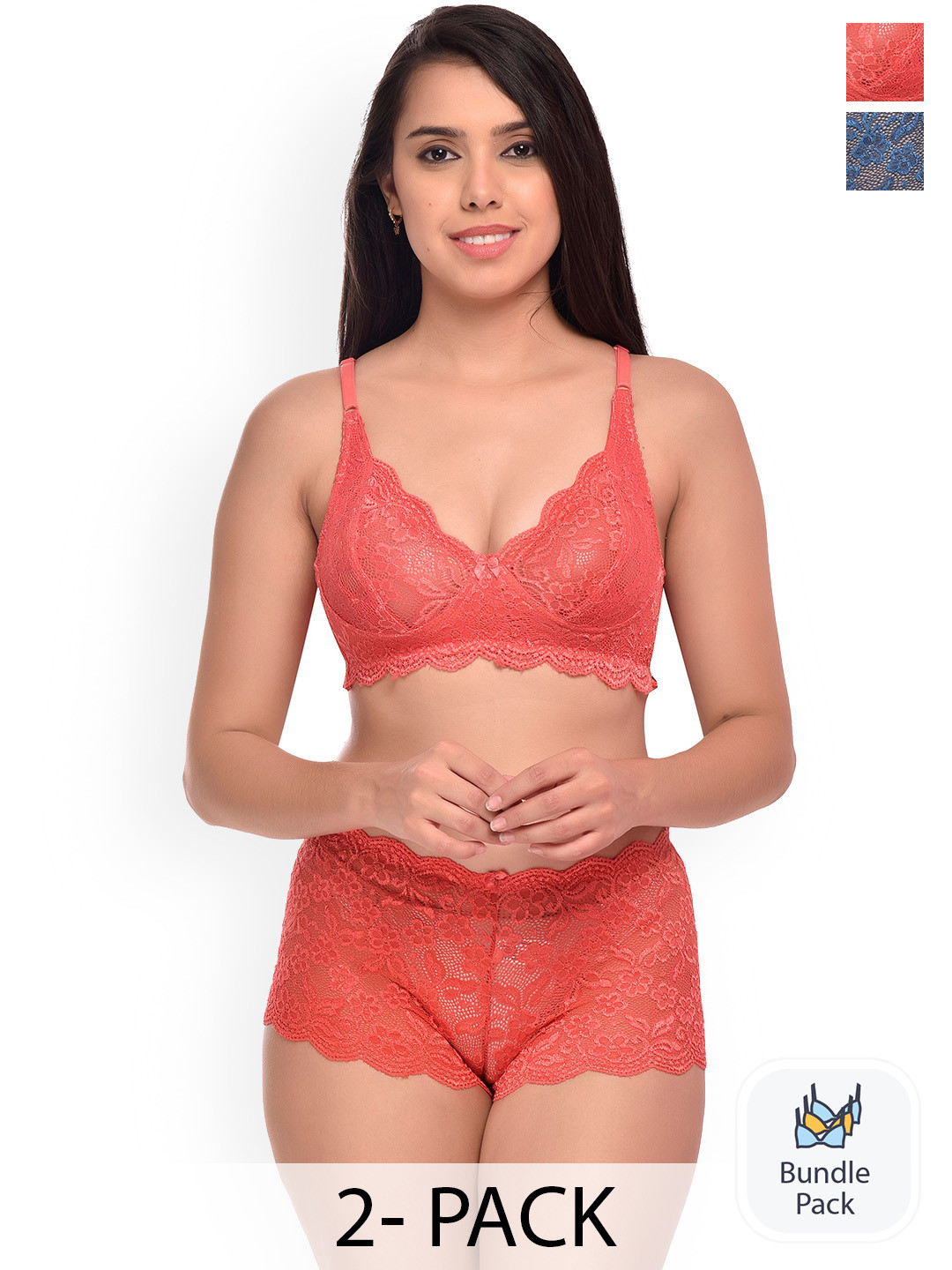 

AROUSY Pack Of 2 Self Design Net Lingerie Sets, Red