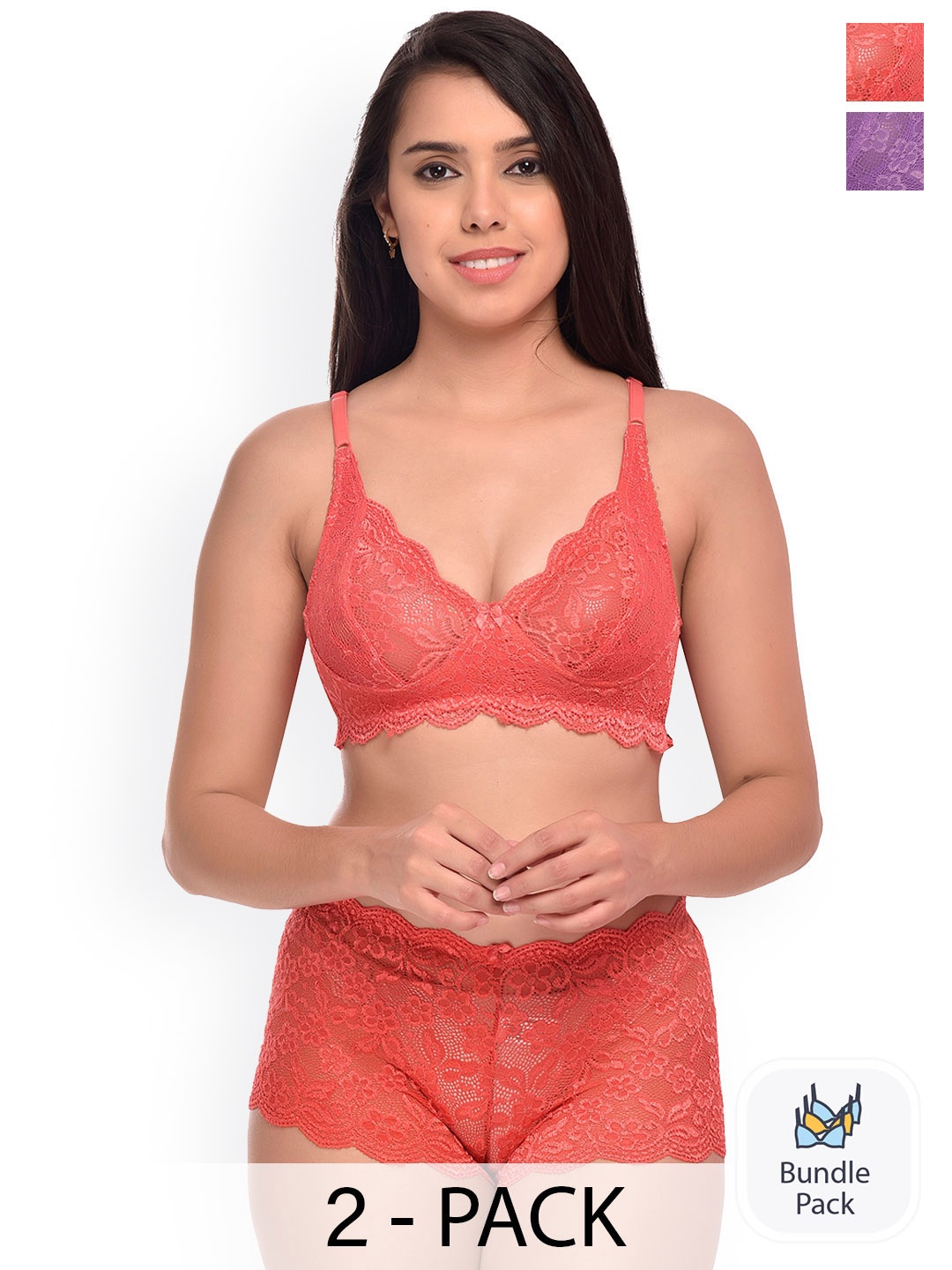

AROUSY Pack Of 2 Self Design Lingerie Set, Red