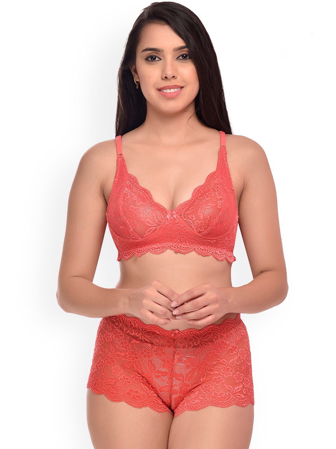 

AROUSY Self Design Net Lingerie Set, Red