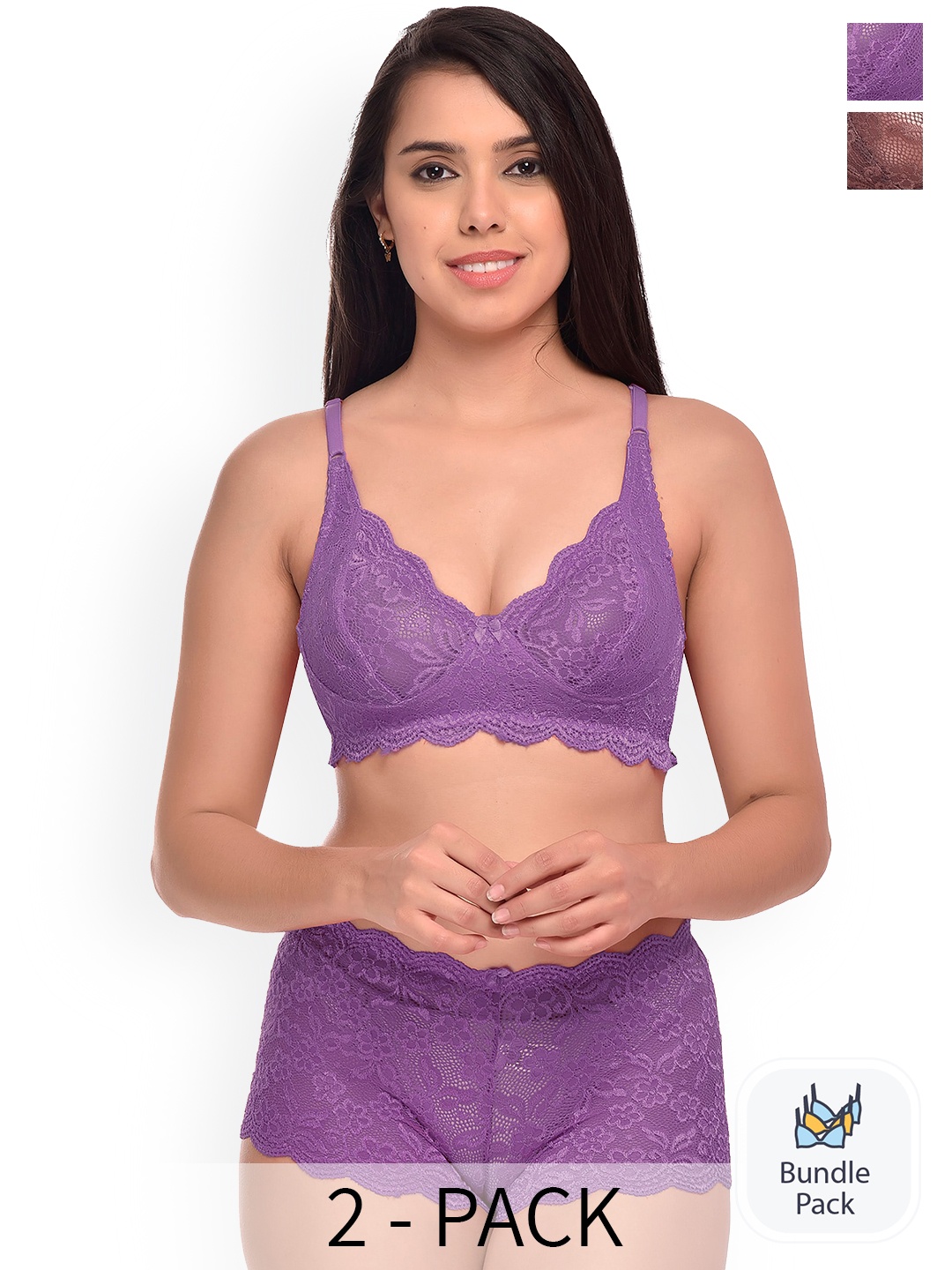 

AROUSY Pack Of 2 Self Design Net Lingerie Set, Purple