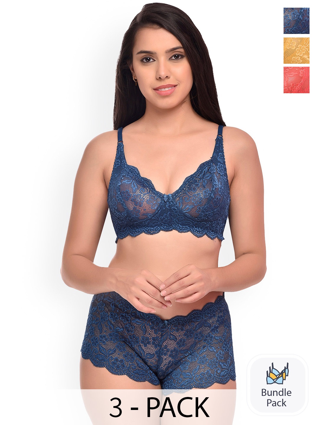 

AROUSY Pack Of 3 Self-Design Net Lingerie Sets, Yellow