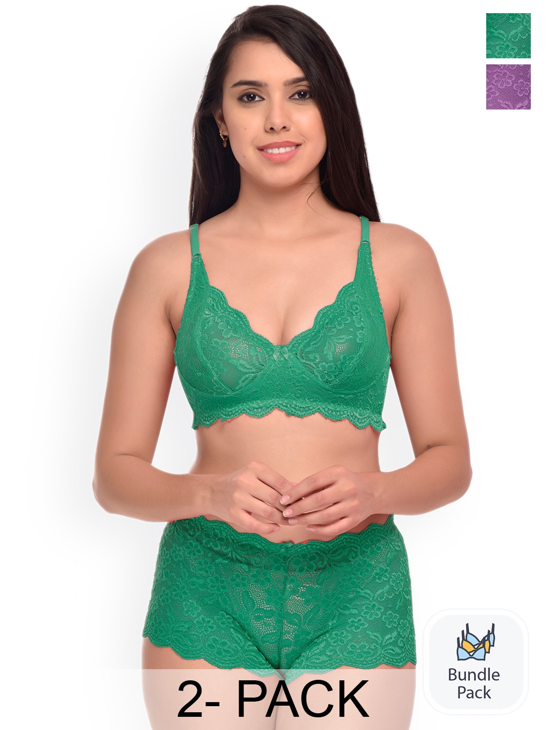 

AROUSY Pack Of 2 Self Design Net Lingerie Sets, Green