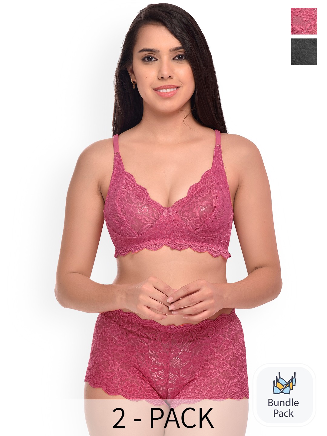 

AROUSY Pack Of 2 Self-Design Net Lingerie Sets, Black