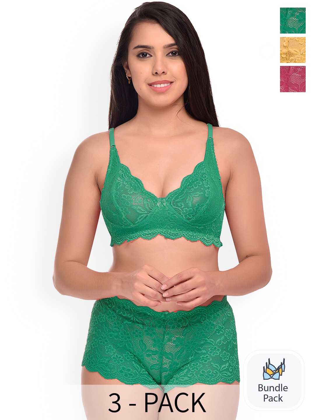 

AROUSY Pack Of 3 Self-Design Net Lingerie Sets, Green