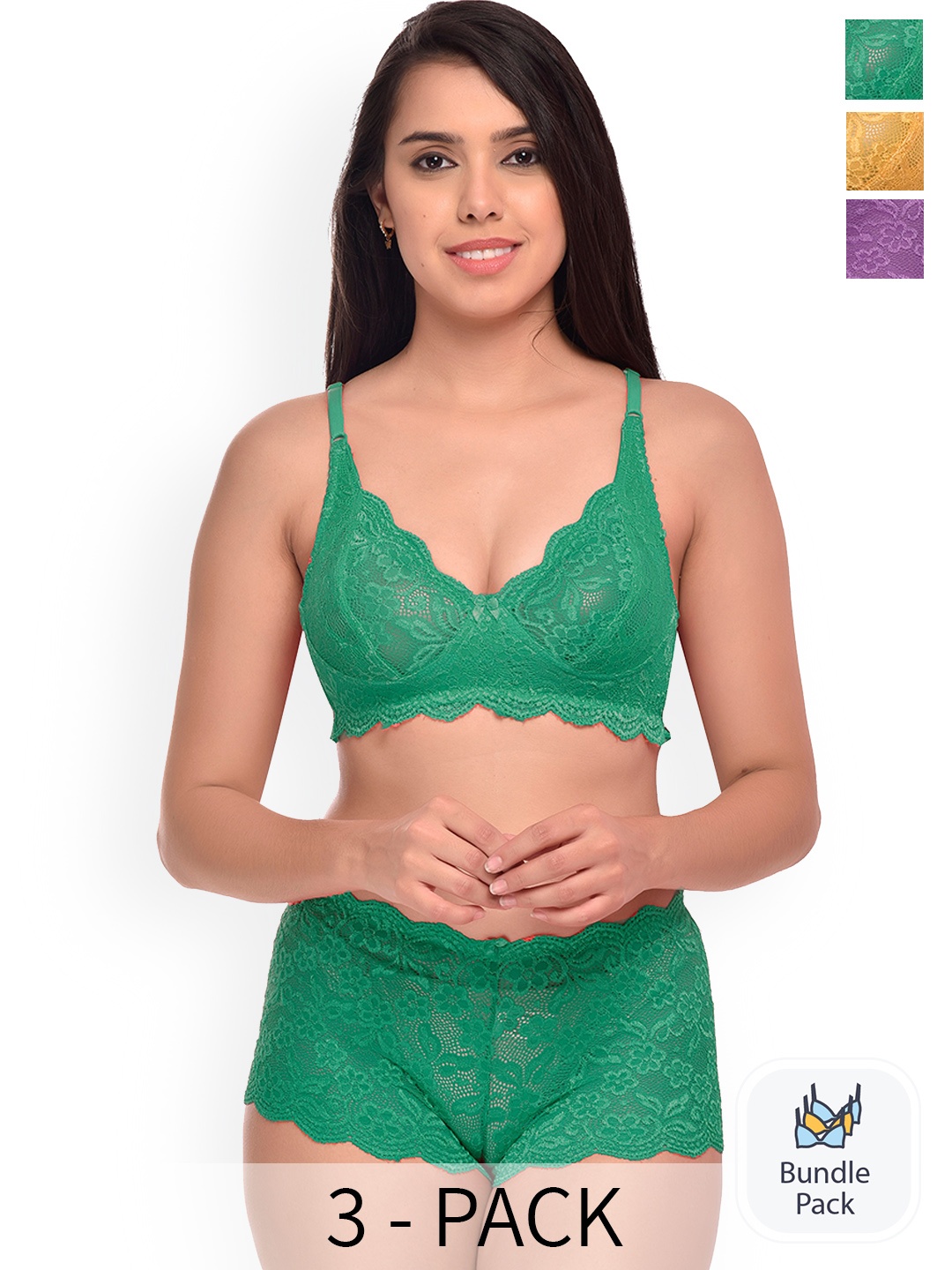 

AROUSY Pack Of 3 Self-Design Lingerie Set-Y_Rain-Set_, Green