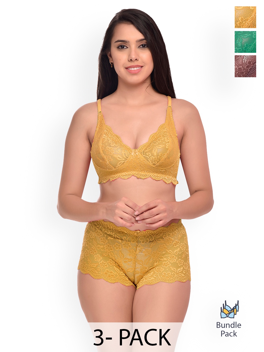 

AROUSY Pack Of 3 Self-Design Lingerie Sets, Green