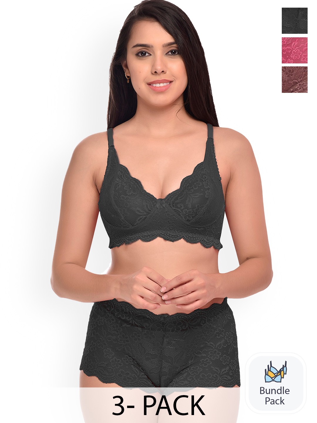 

AROUSY Pack Of 3 Self-Design Net Lingerie Set, Pink