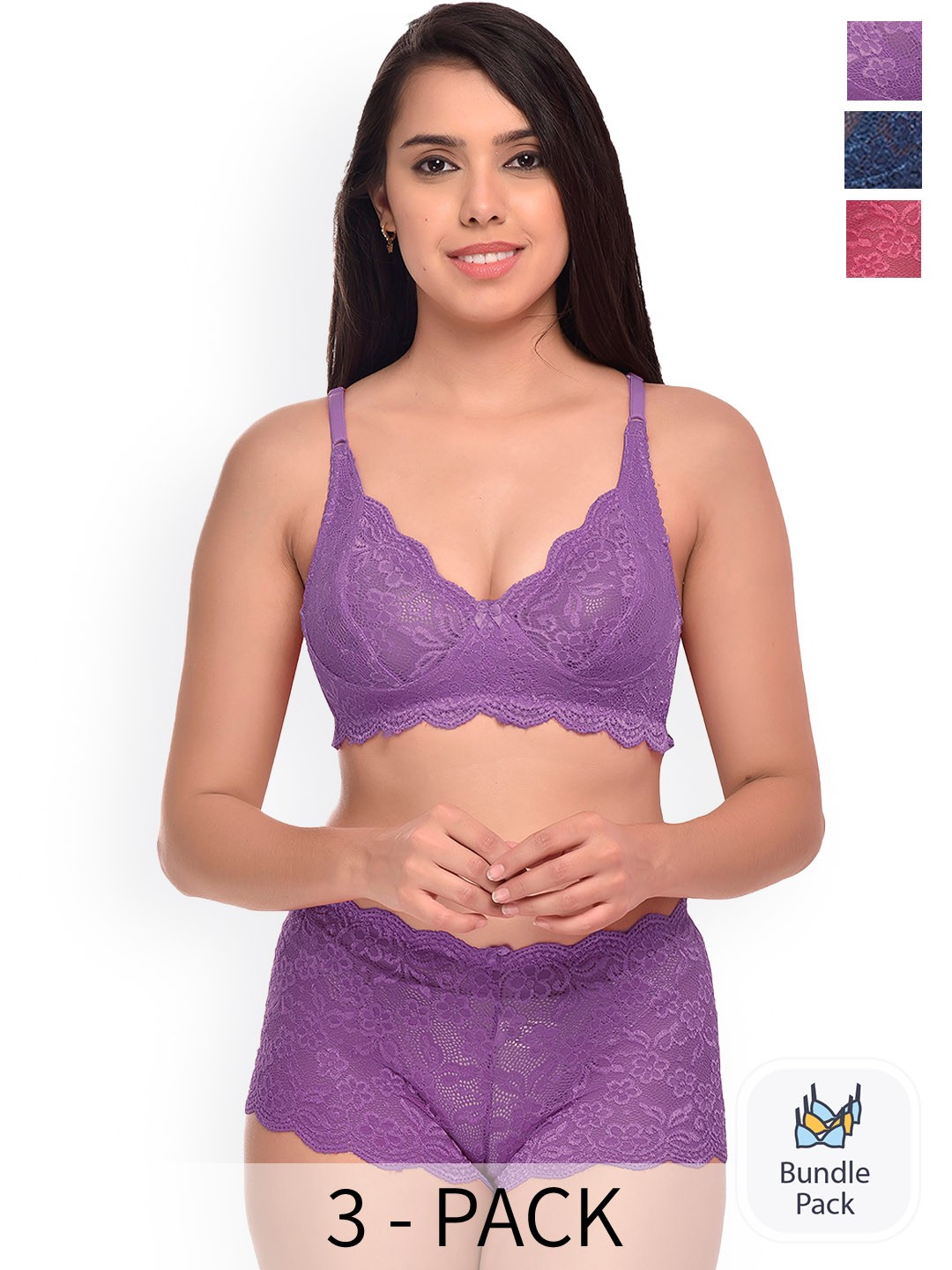 

AROUSY Pack Of 3 Self-Design Lingerie SetsY_Rain-Set_Purple,Blue,Pink_30