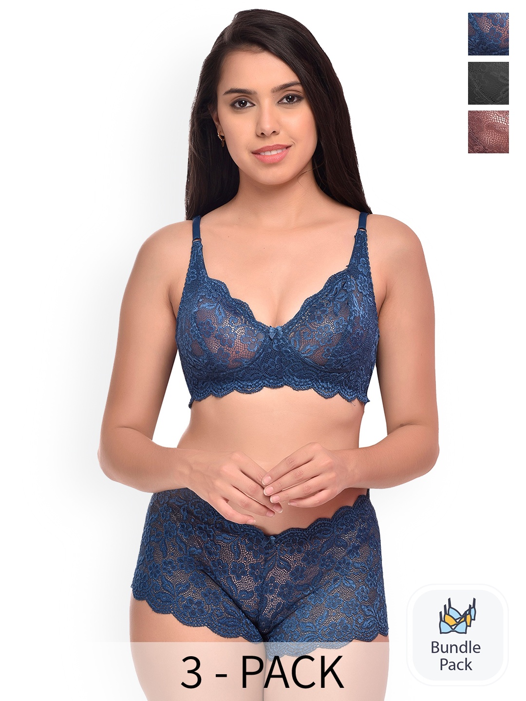 

AROUSY Pack Of 2 Laced Lingerie Set, Blue