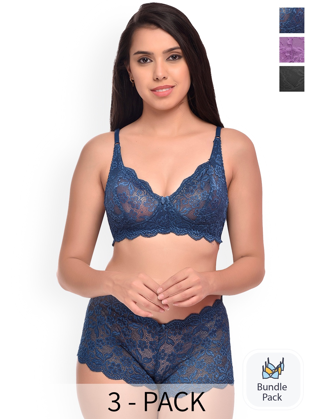 

AROUSY Pack Of 3 Self-Design Net Lingerie Sets, Blue
