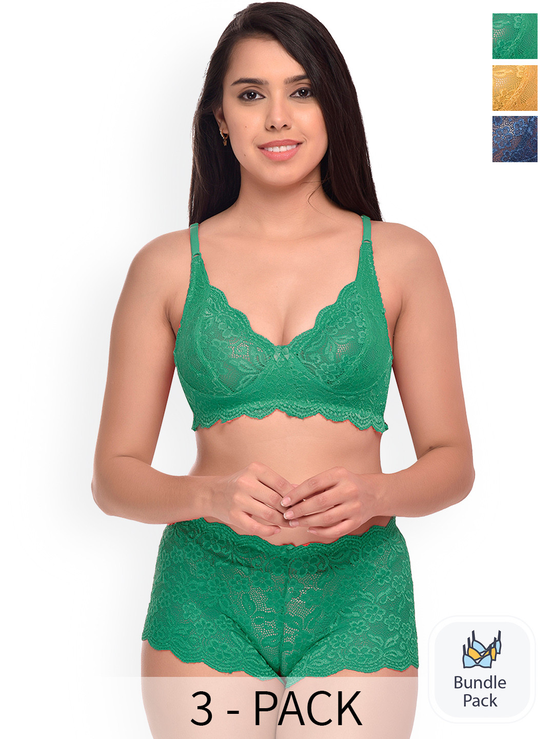 

PIBU Pack of 3 Self-Design Net Bra & Boy Shorts, Yellow