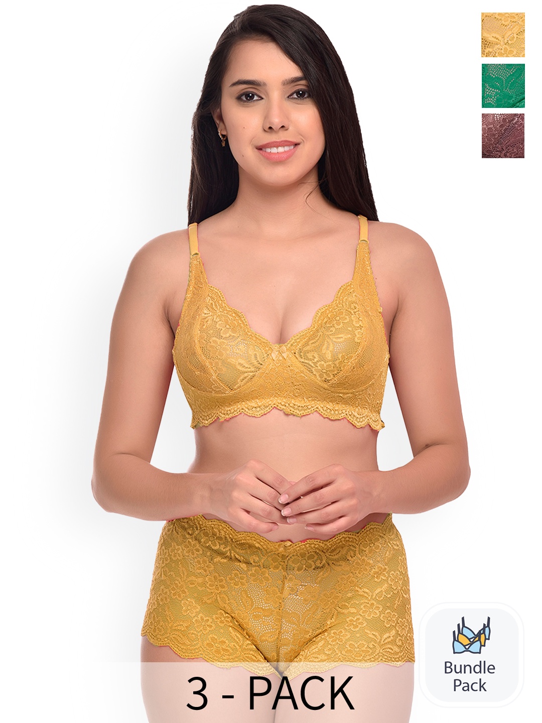 

PIBU Pack Of 3 Self Design Lingerie Set, Yellow