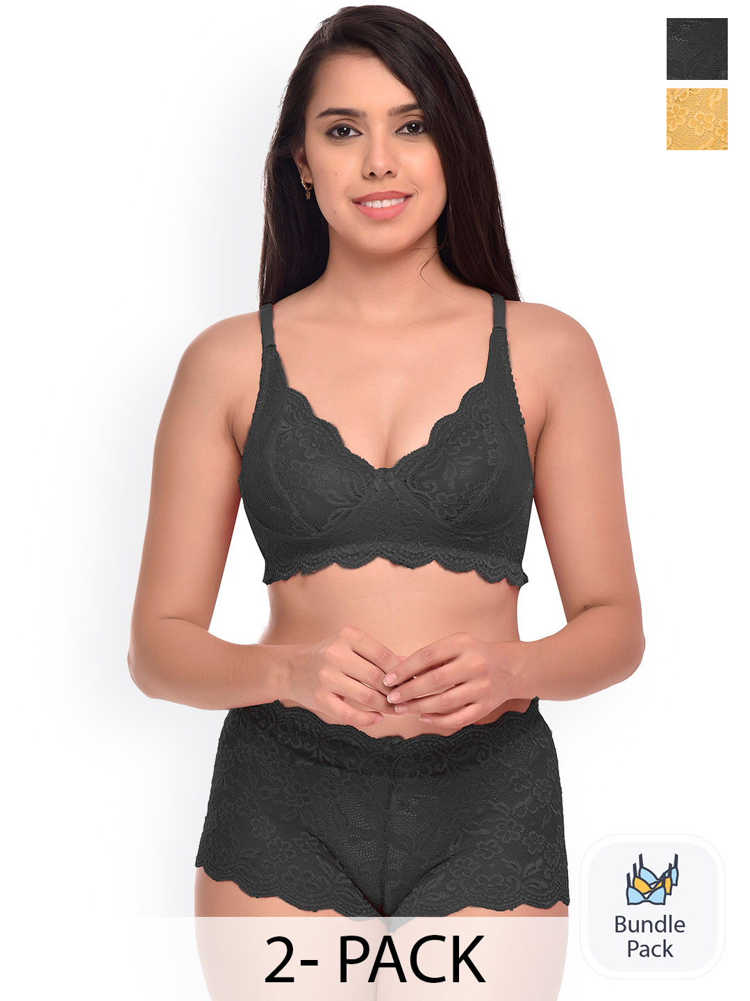 

PIBU Pack Of 2 Self-Design Net Bra & Boy Shorts, Yellow
