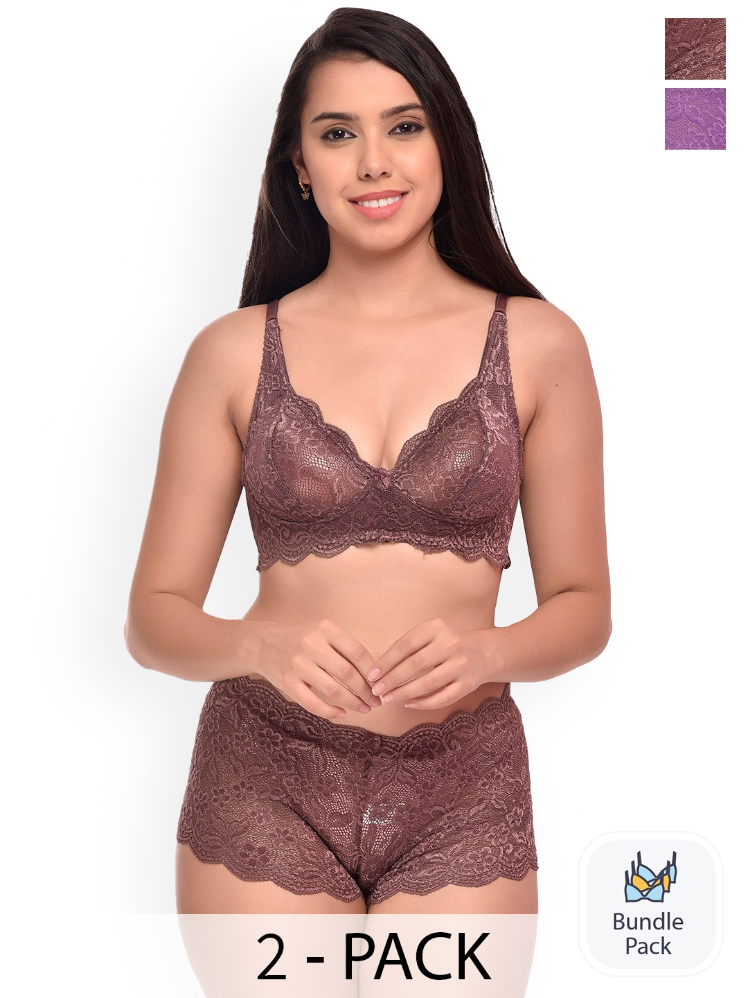 

PIBU Pack Of 2 Self-Design Net Bra & Boy Shorts, Purple