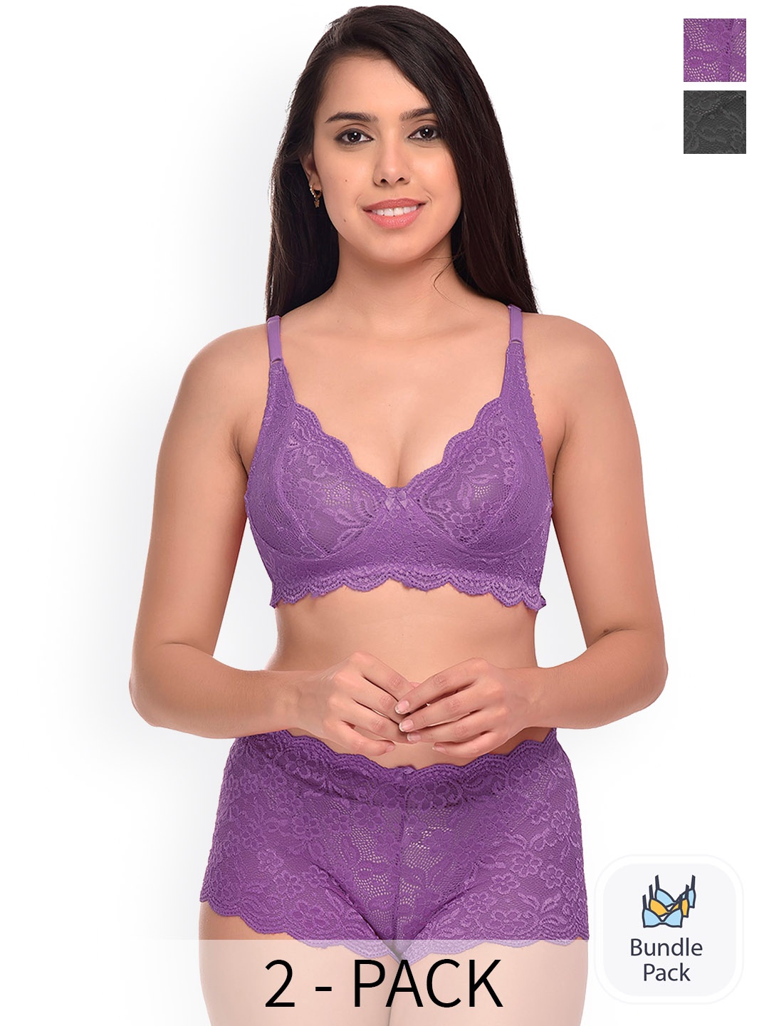 

PIBU Pack Of 2 Self Design Net Lingerie Set, Purple