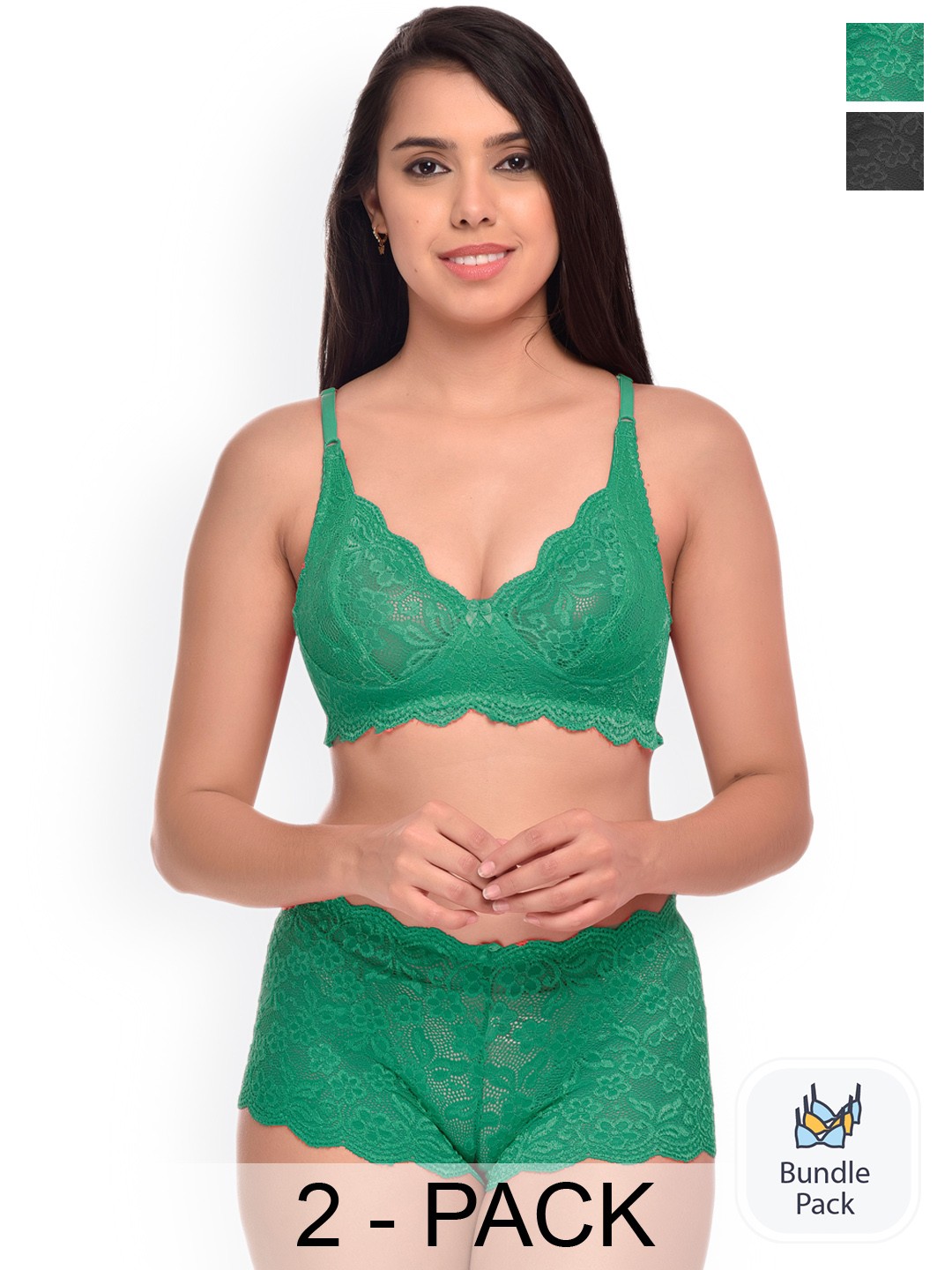 

PIBU Pack Of 2 Self Design Net Lingerie Set, Green