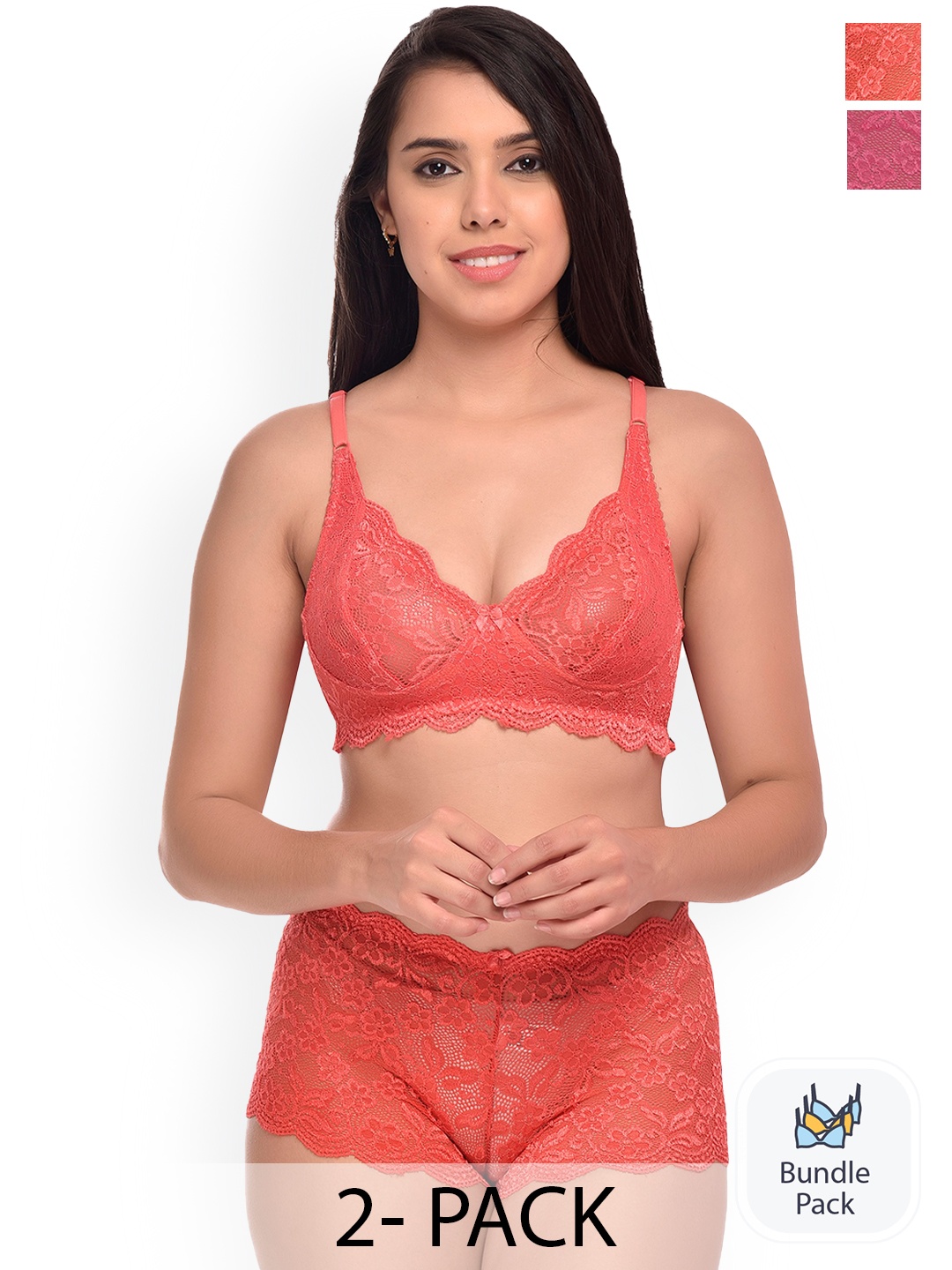 

PIBU Pack Of 2 Self Design Net Lingerie Set, Red