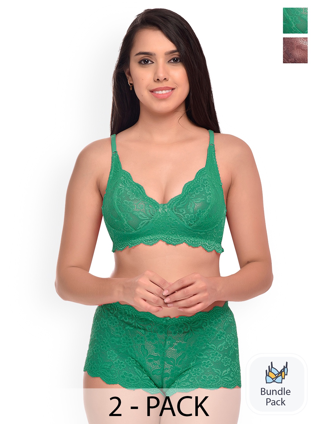 

PIBU Pack Of 2 Self Design Net Lingerie Set, Green