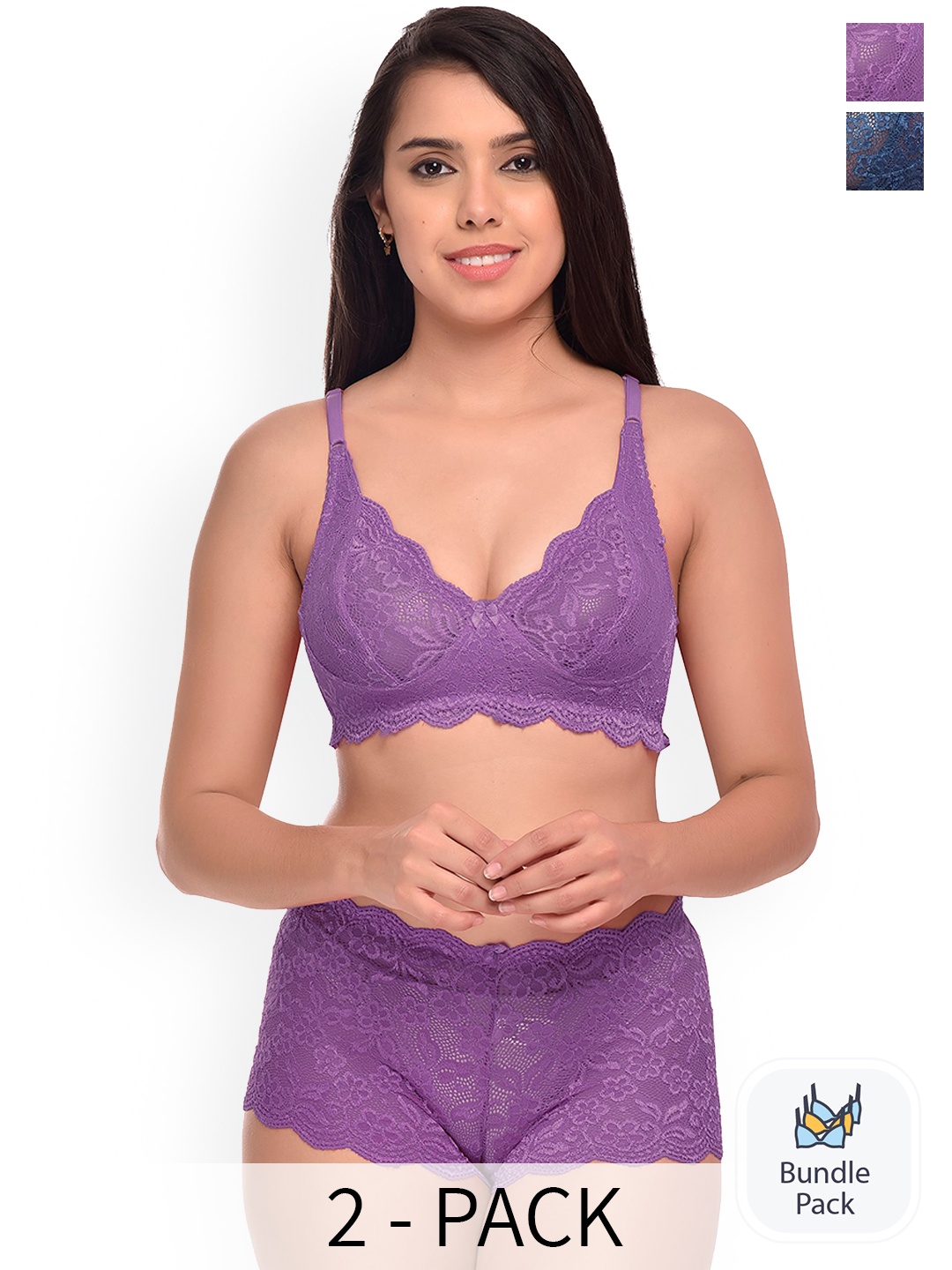 

PIBU Pack Of 2 Self Design Net Lingerie Set, Blue