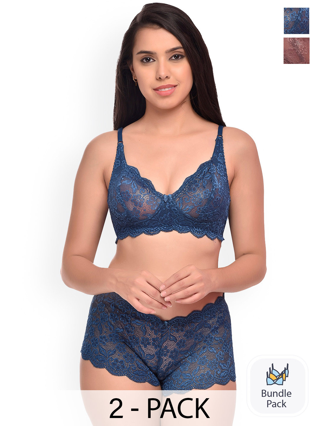 

PIBU Pack Of 2 Self Design Net Lingerie Set, Blue