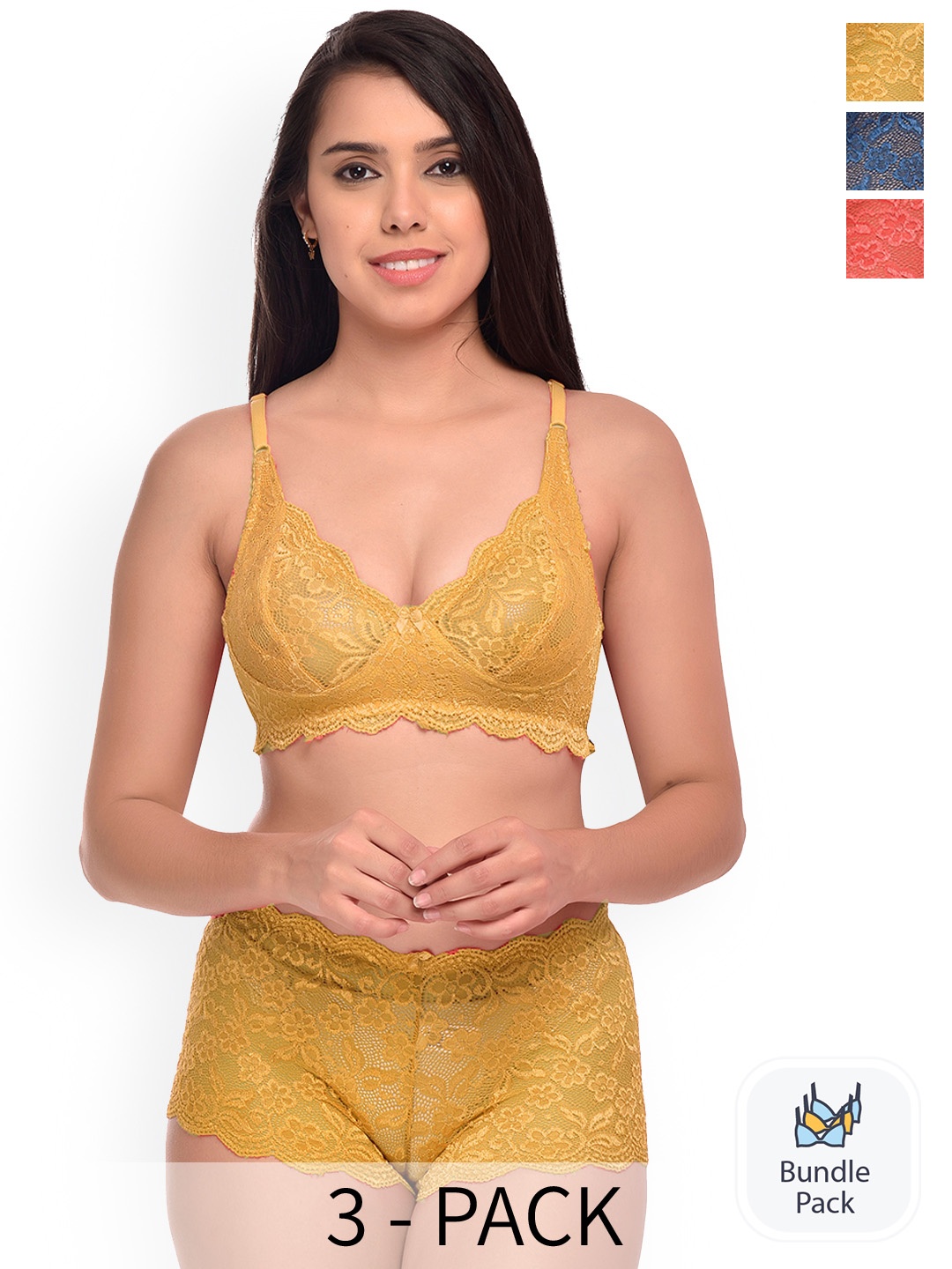 

PIBU Pack Of 3 Self Design Net Lingerie Set, Yellow