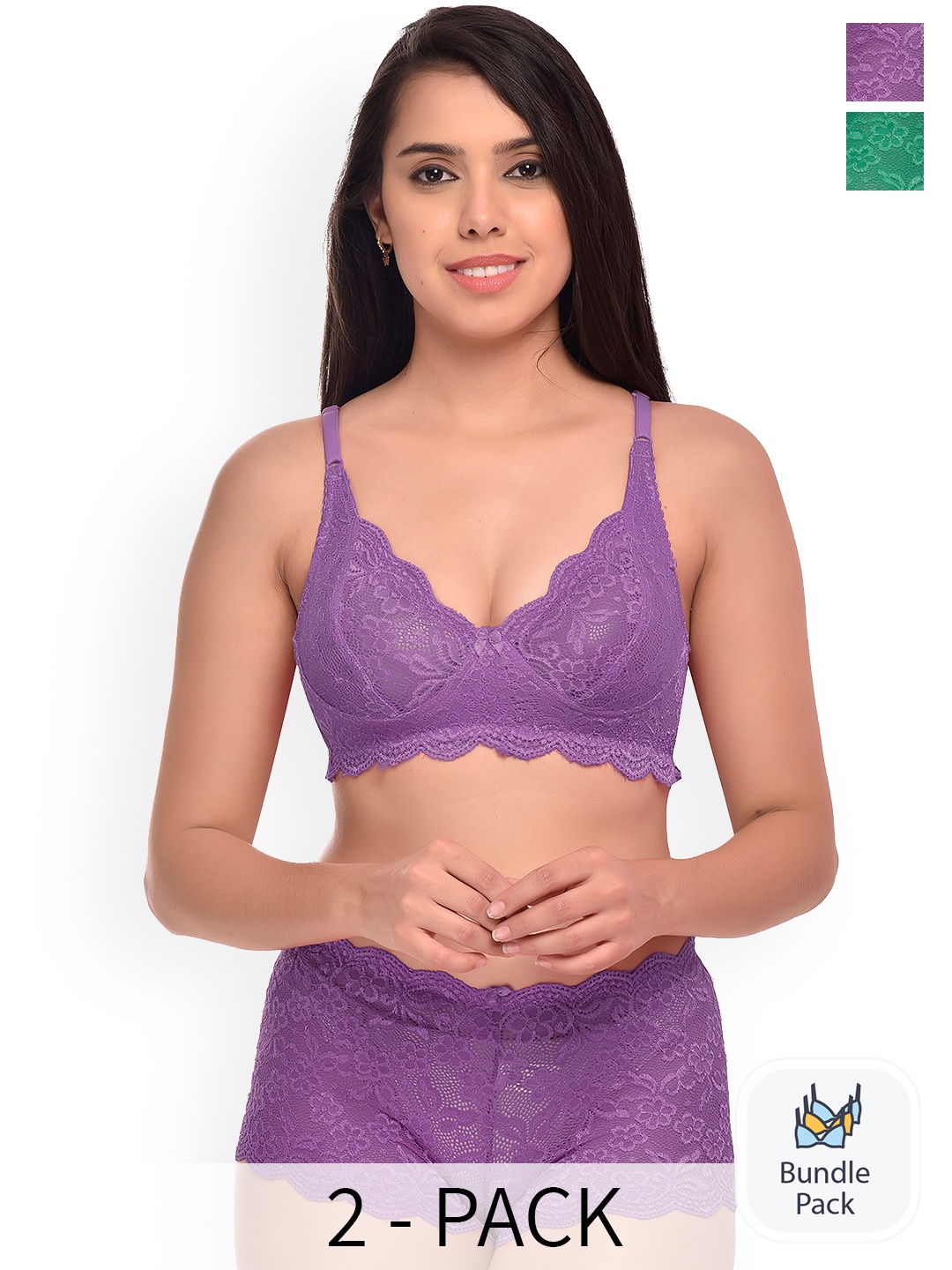 

PIBU Pack Of 2 Self Design Lingerie Set, Green