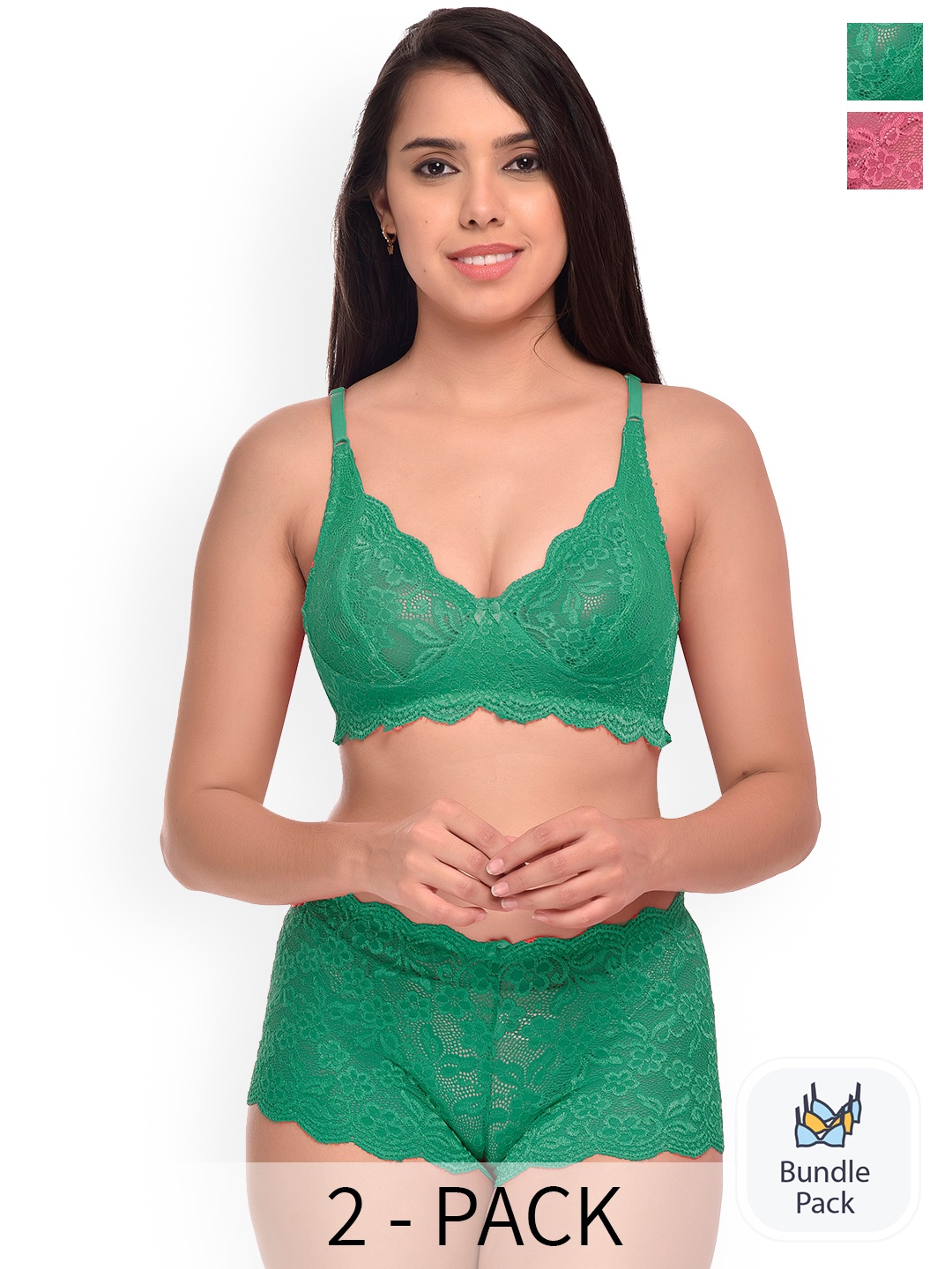 

PIBU Pack Of 2 Self Design Non-Padded Lingerie Set F_Rain-Set_Pink,Green_30