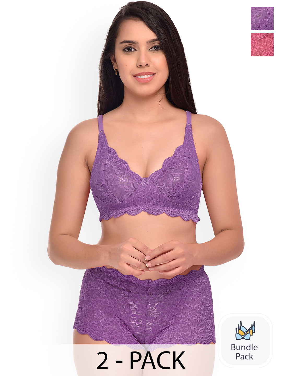

PIBU Pack Of 2 Self Design Non-Padded Lingerie Set F_Rain-Set_Pink,Purple_30