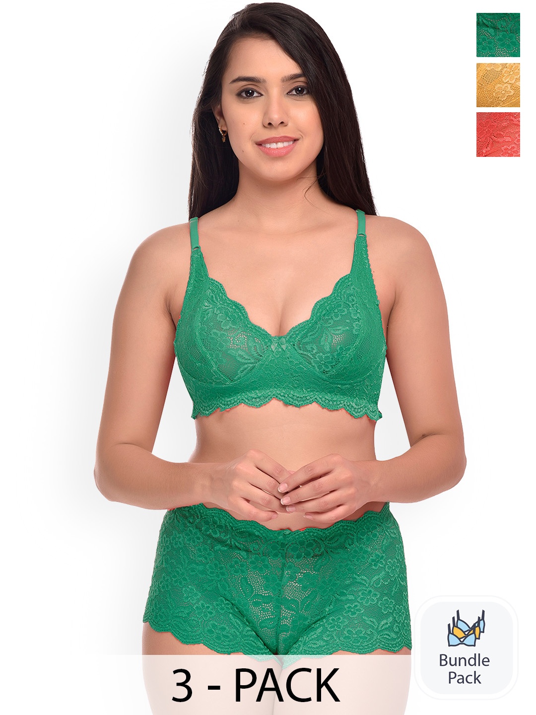 

PIBU Pack Of 3 Self Design Non-Padded Lingerie Set F_Rain-Set_Red,Yellow,Green_30