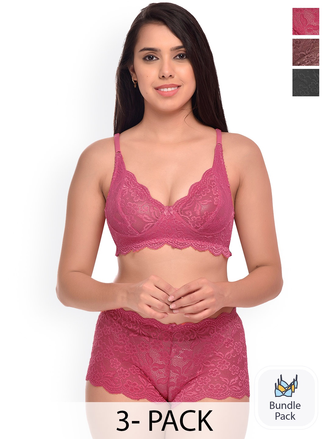 

PIBU Pack Of 3 Self Design Lingerie Set, Black