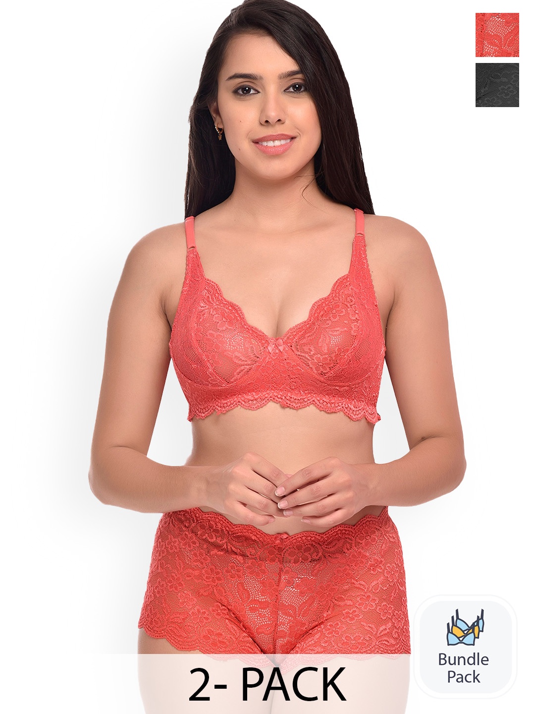 PIBU Pack Of 2 Self Design Net Lingerie Set, Red