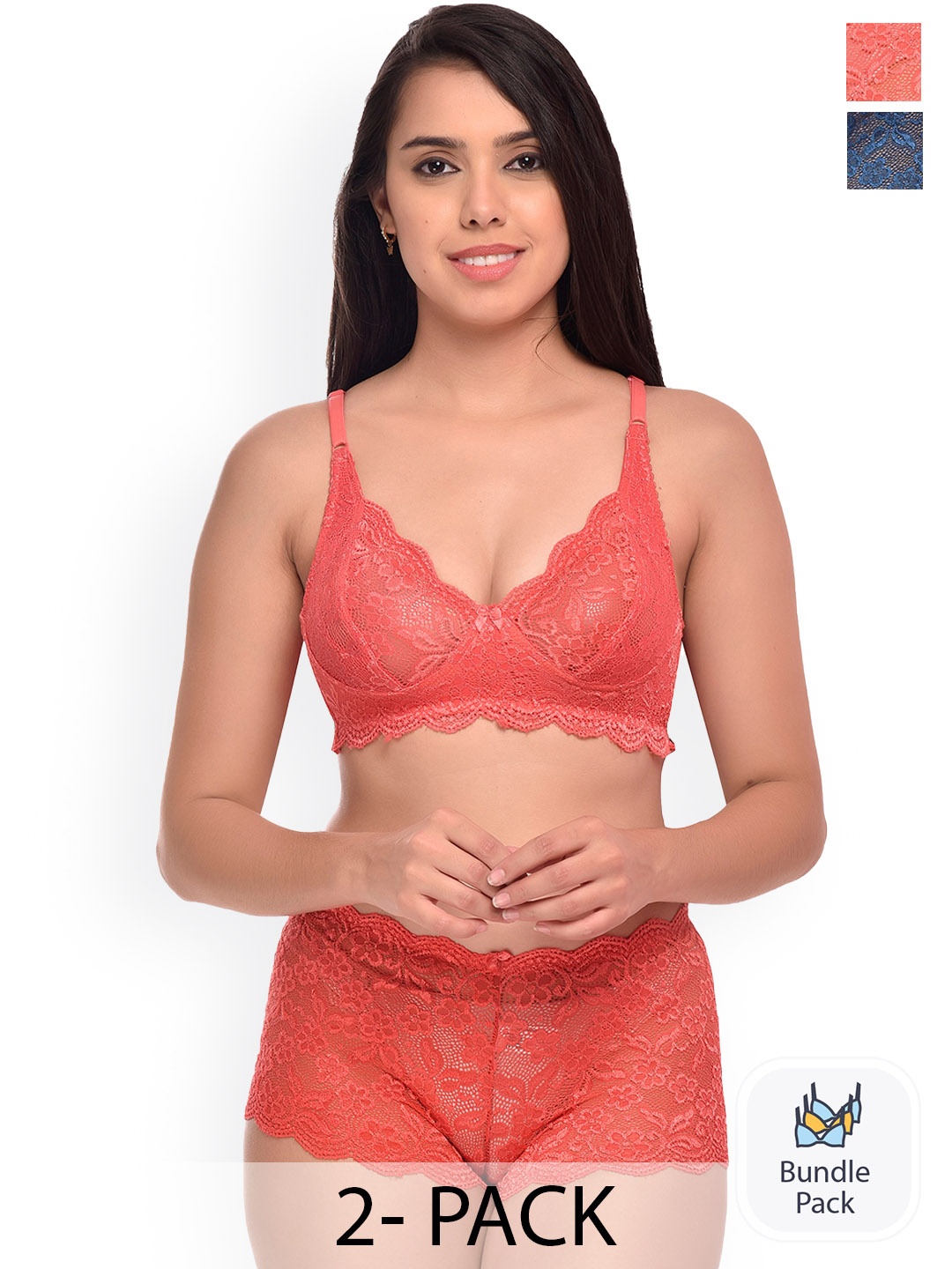 

PIBU Pack Of 2 Self Design Net Lingerie Set, Red