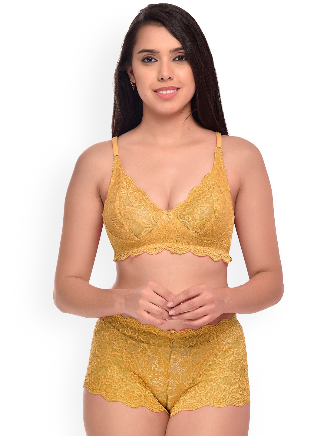

PIBU Self Design Net Lingerie Set, Yellow