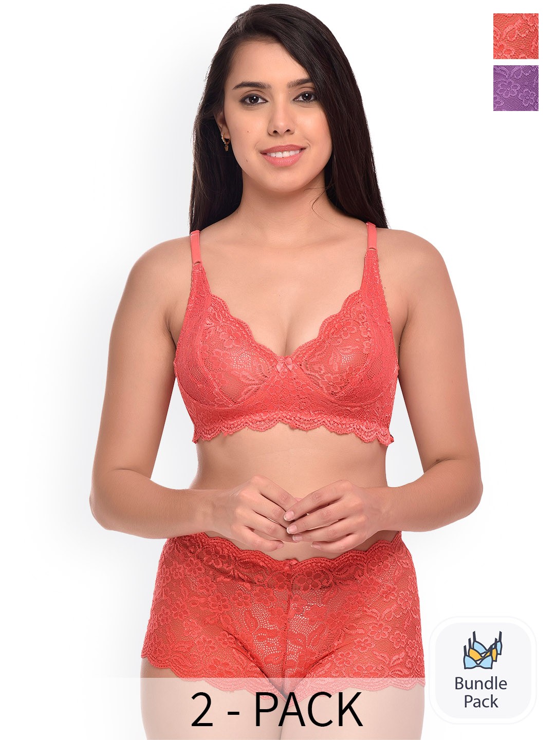 

PIBU Pack Of 2 Self Design Net Lingerie Set, Red