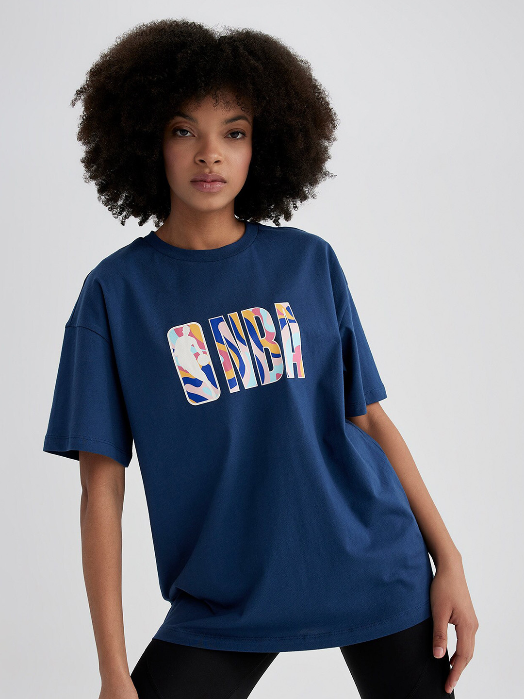 

DeFacto Typography Printed Drop-Shoulder Sleeves Oversized Longline Pure Cotton T-shirt, Navy blue