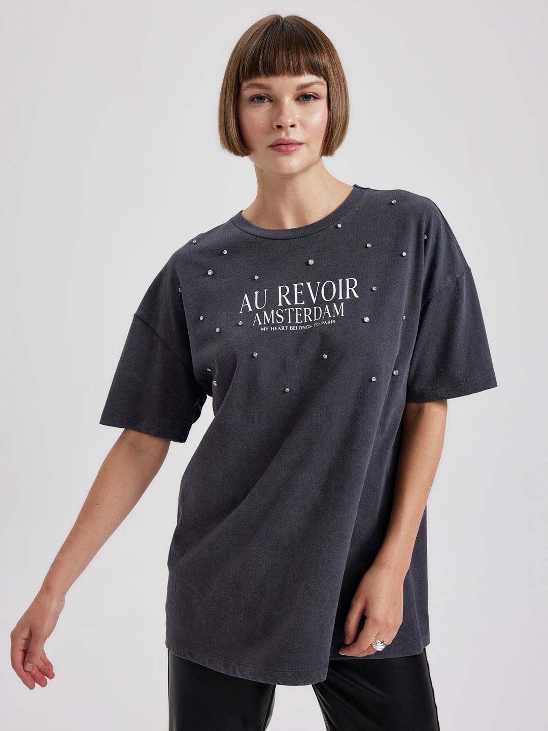 

DeFacto Typography Printed Drop-Shoulder Sleeves Oversized Longline Pure Cotton T-shirt, Grey