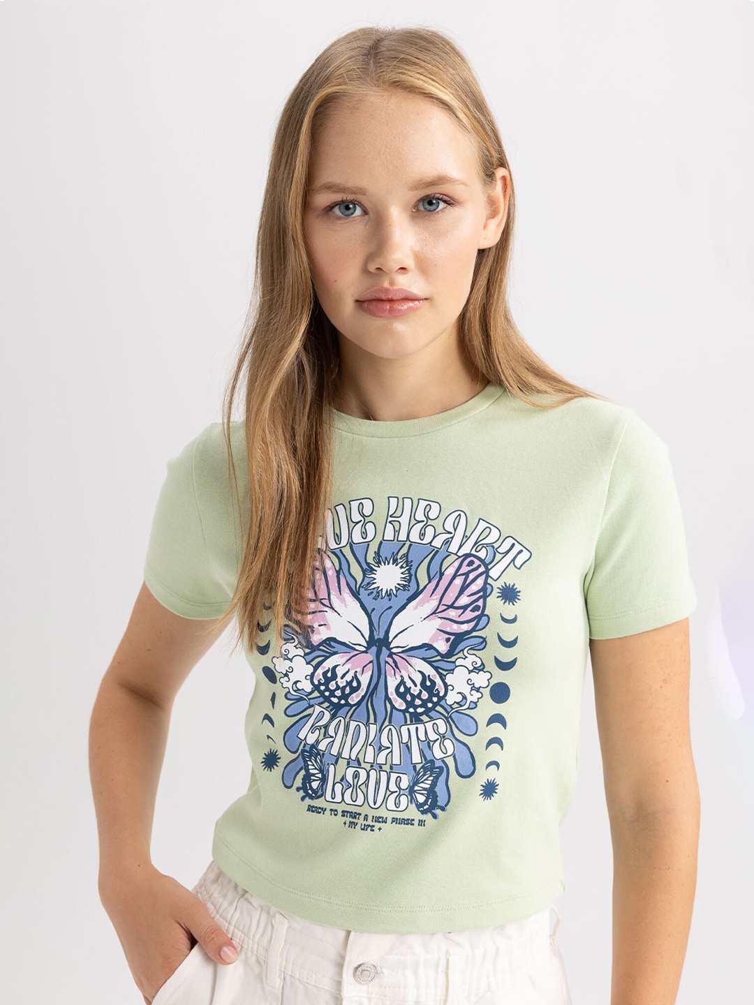 DeFacto Typography Printed T-shirt, Green