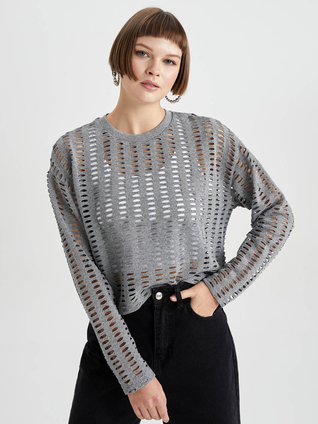 

DeFacto Self Design Cut-Out Detail Semi Sheer Knitted Top, Grey