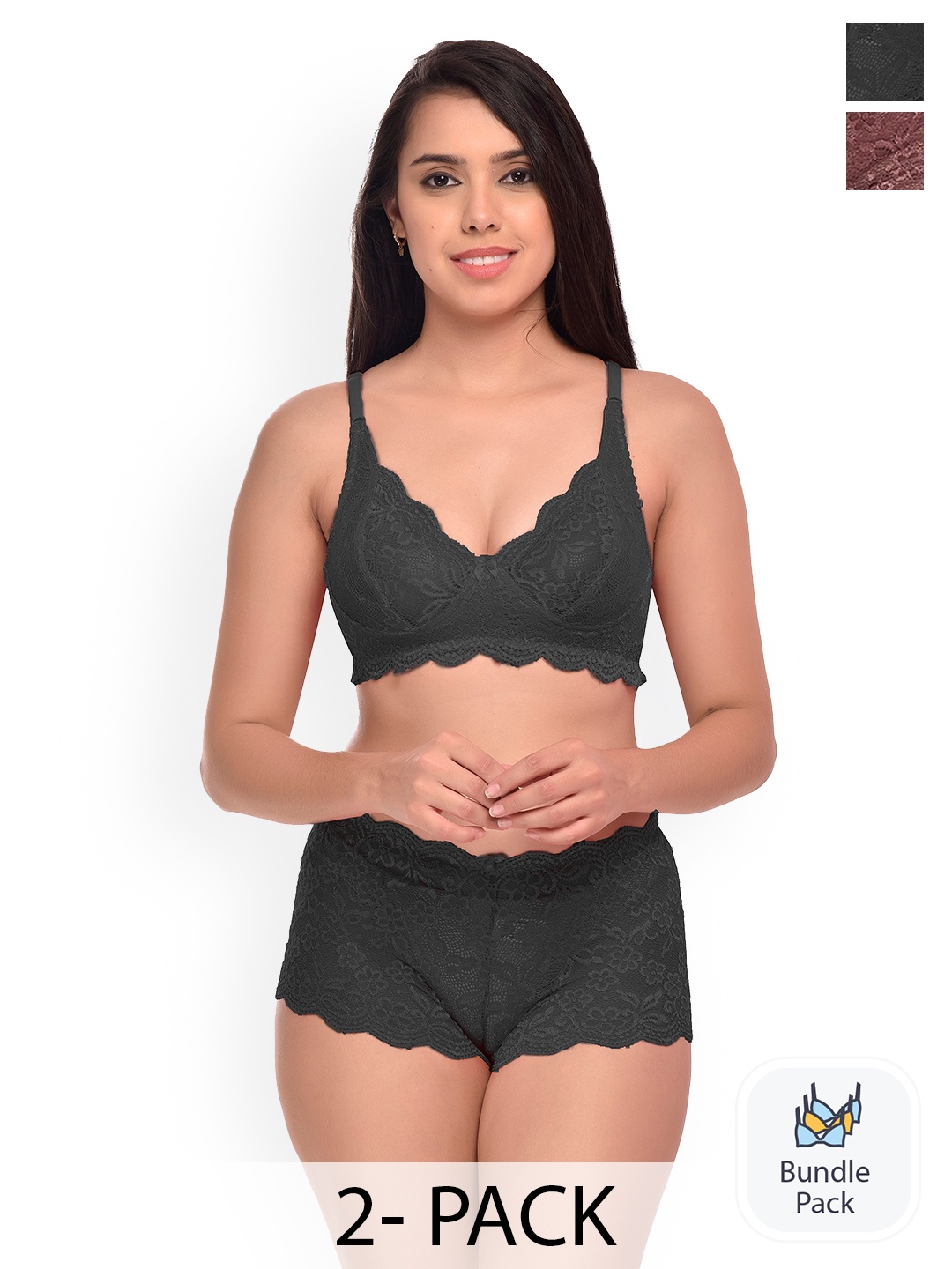 

AROUSY Pack Of 2 Self Design Lingerie Set, Black