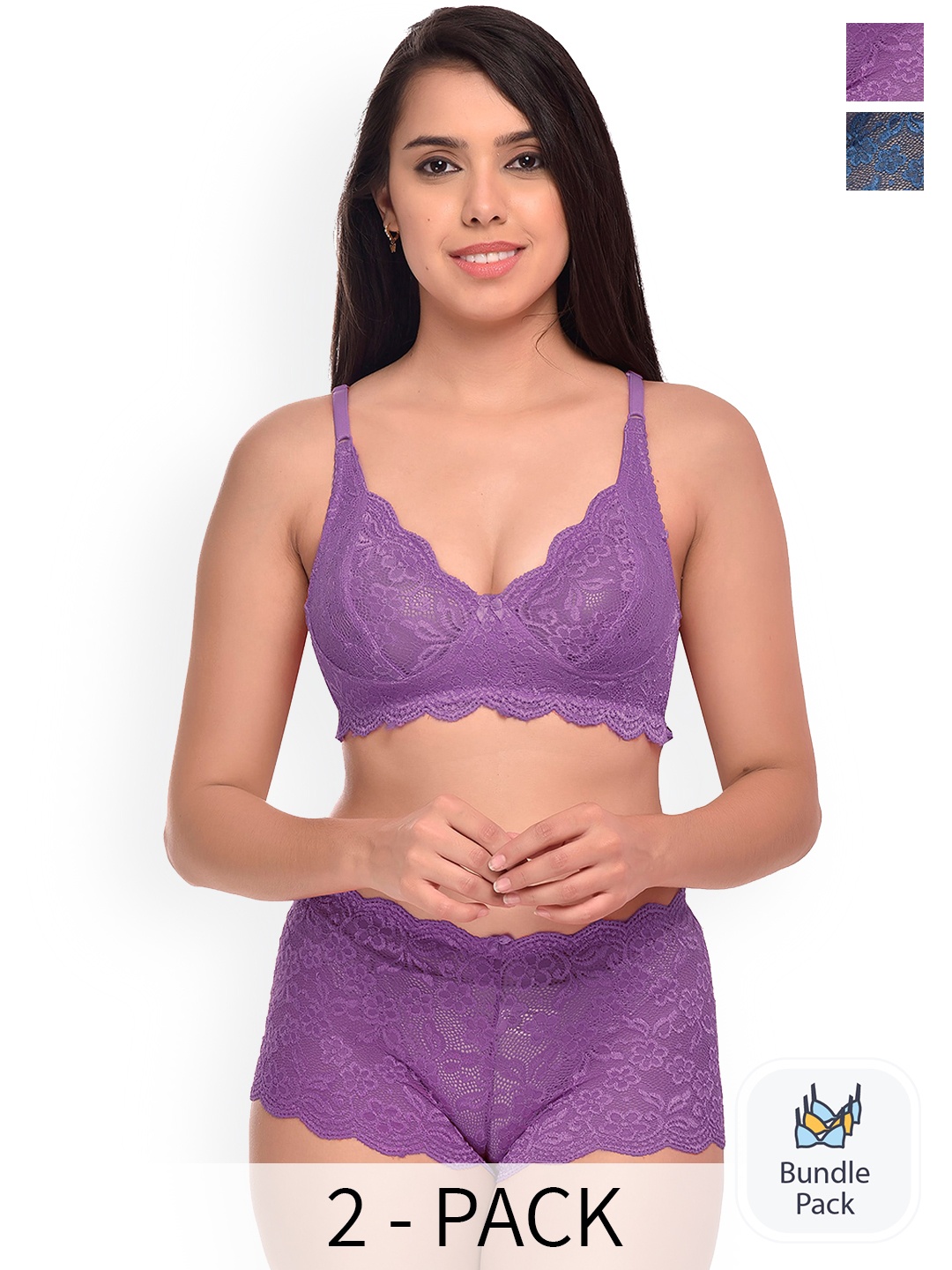 AROUSY Pack Of 2 Self-Design Net Lingerie Sets, Purple