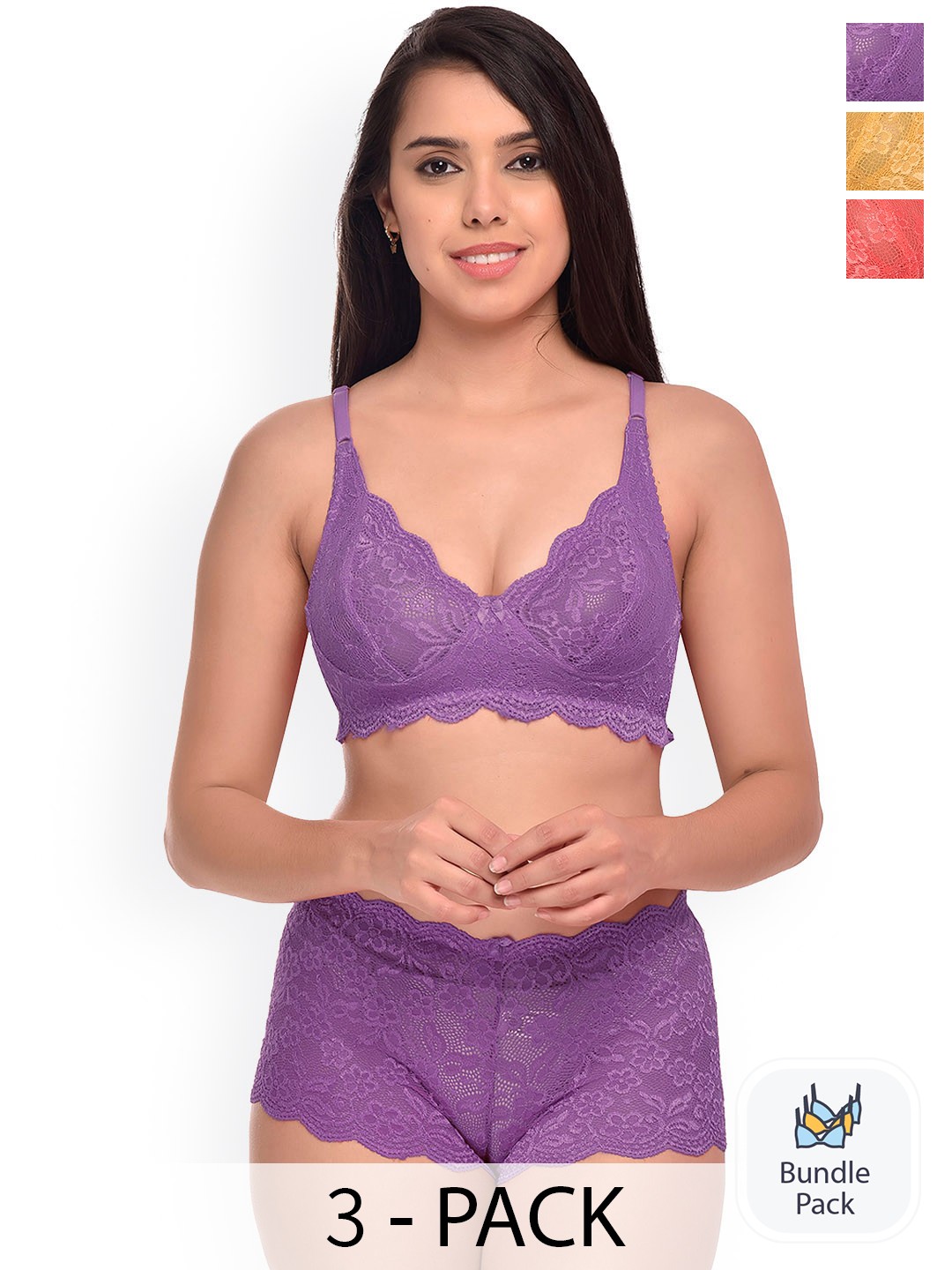 

AROUSY Pack Of 3 Self Design Lingerie Sets, Red