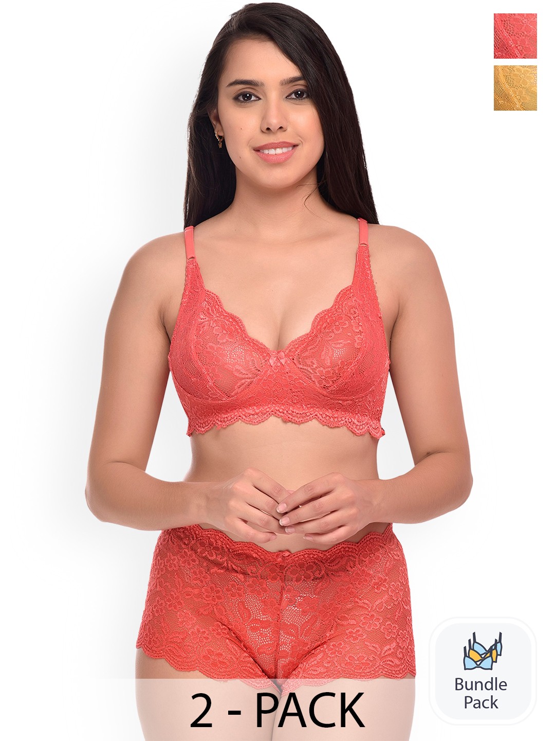 

AROUSY Pack Of 2 Self-Design Net Lingerie Sets, Red