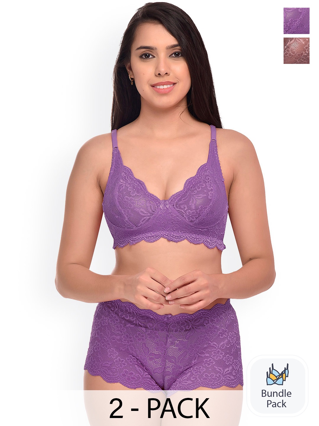 

AROUSY Pack Of 2 Self Design Net Lingerie Sets, Purple