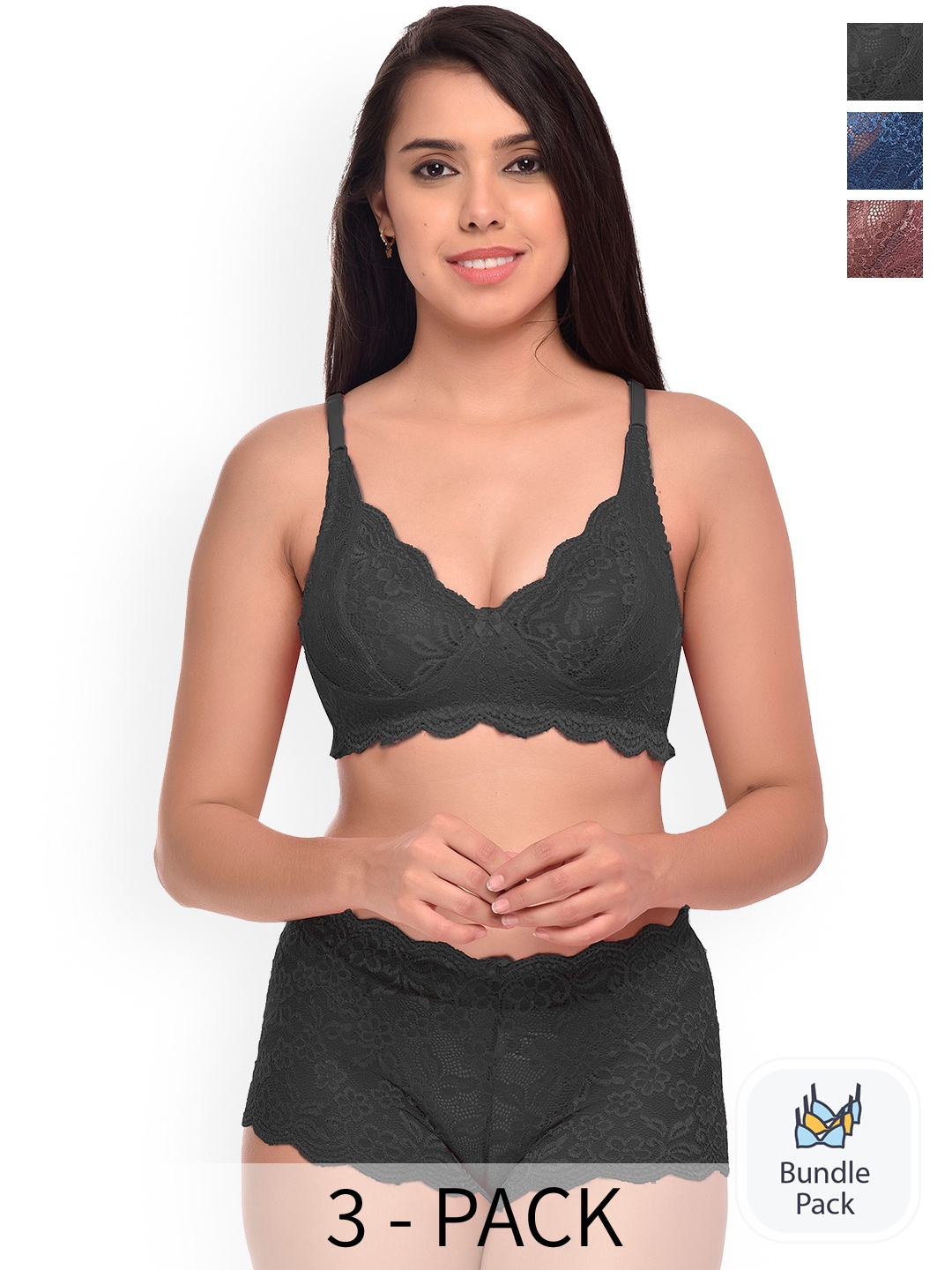 

AROUSY Pack Of 3 Self-Design Net Lingerie Set, Blue