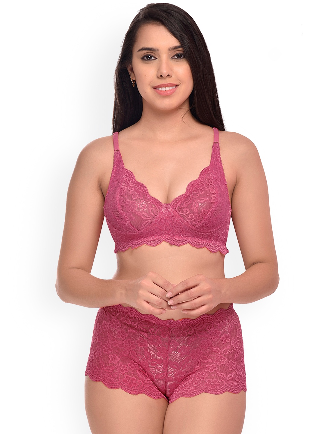

AROUSY Self Design Net Lingerie Set, Pink