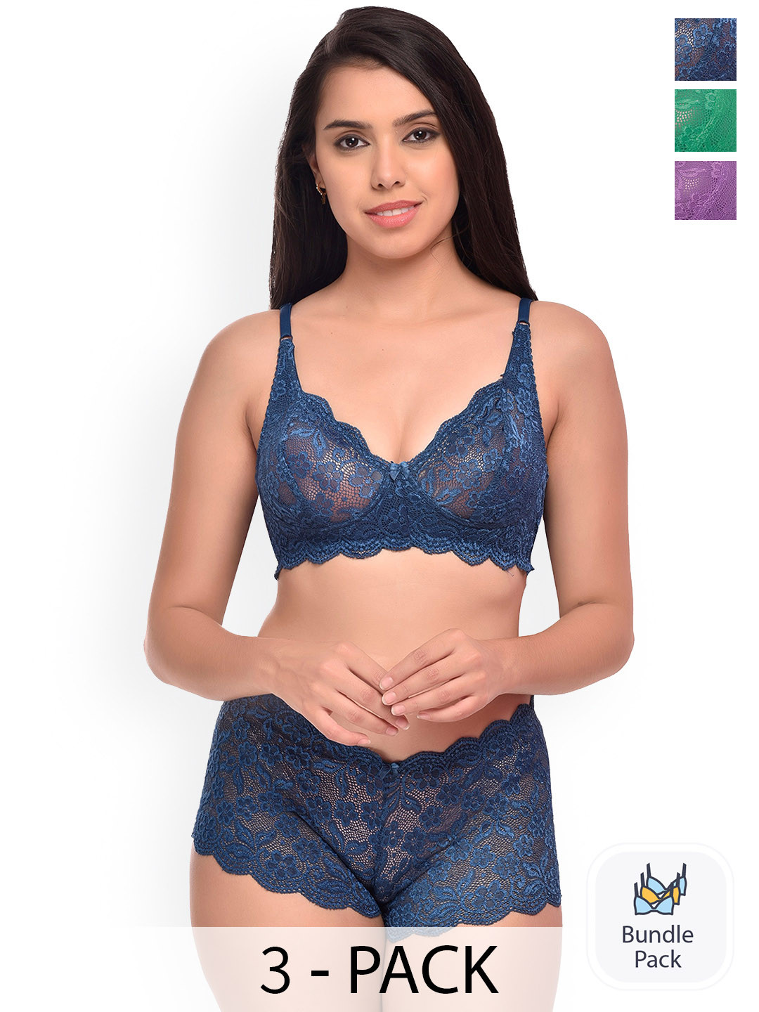 

AROUSY Pack Of 3 Self Design Net Lingerie Set, Green